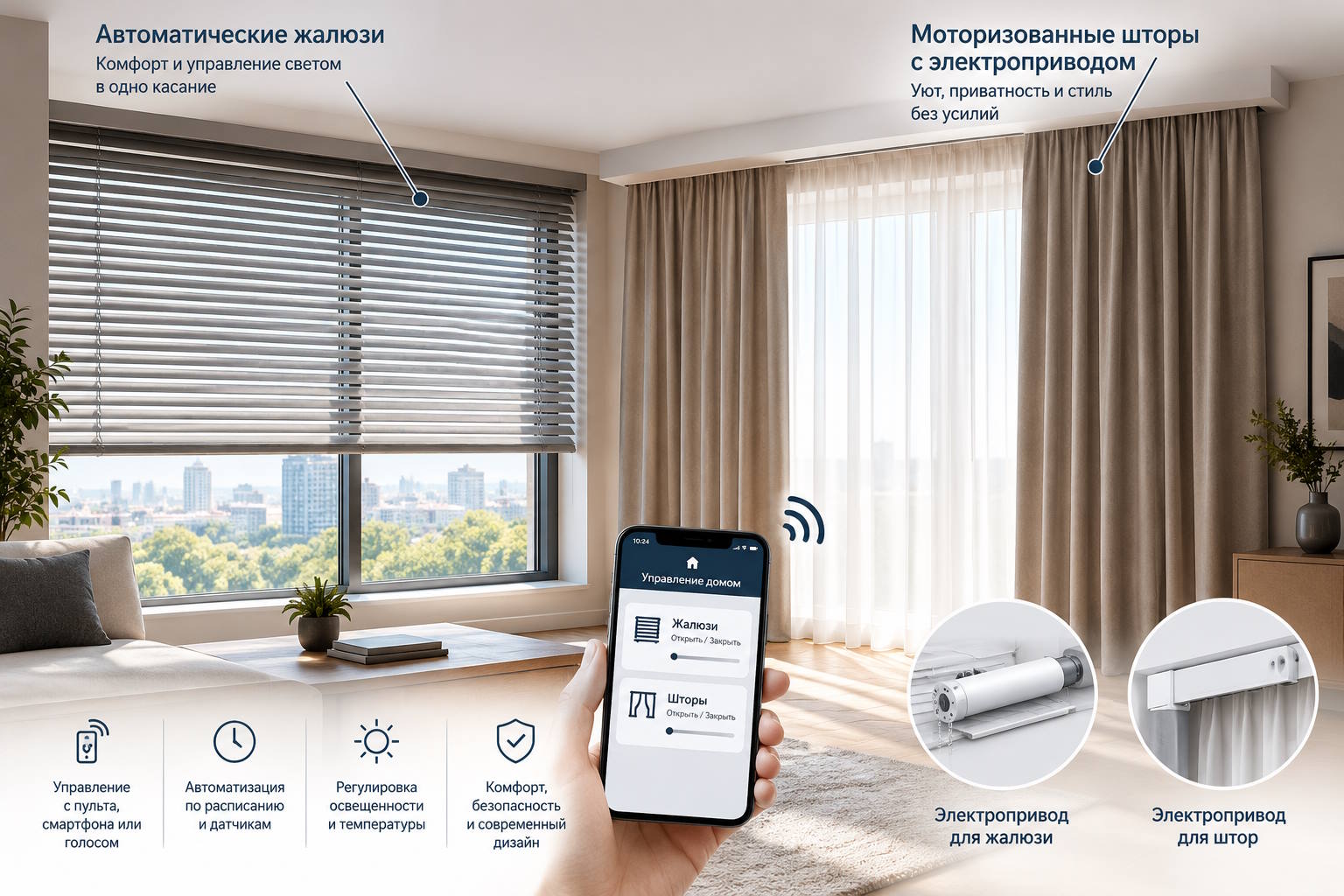 Автоматические жалюзи и моторизованные шторы с электроприводом 